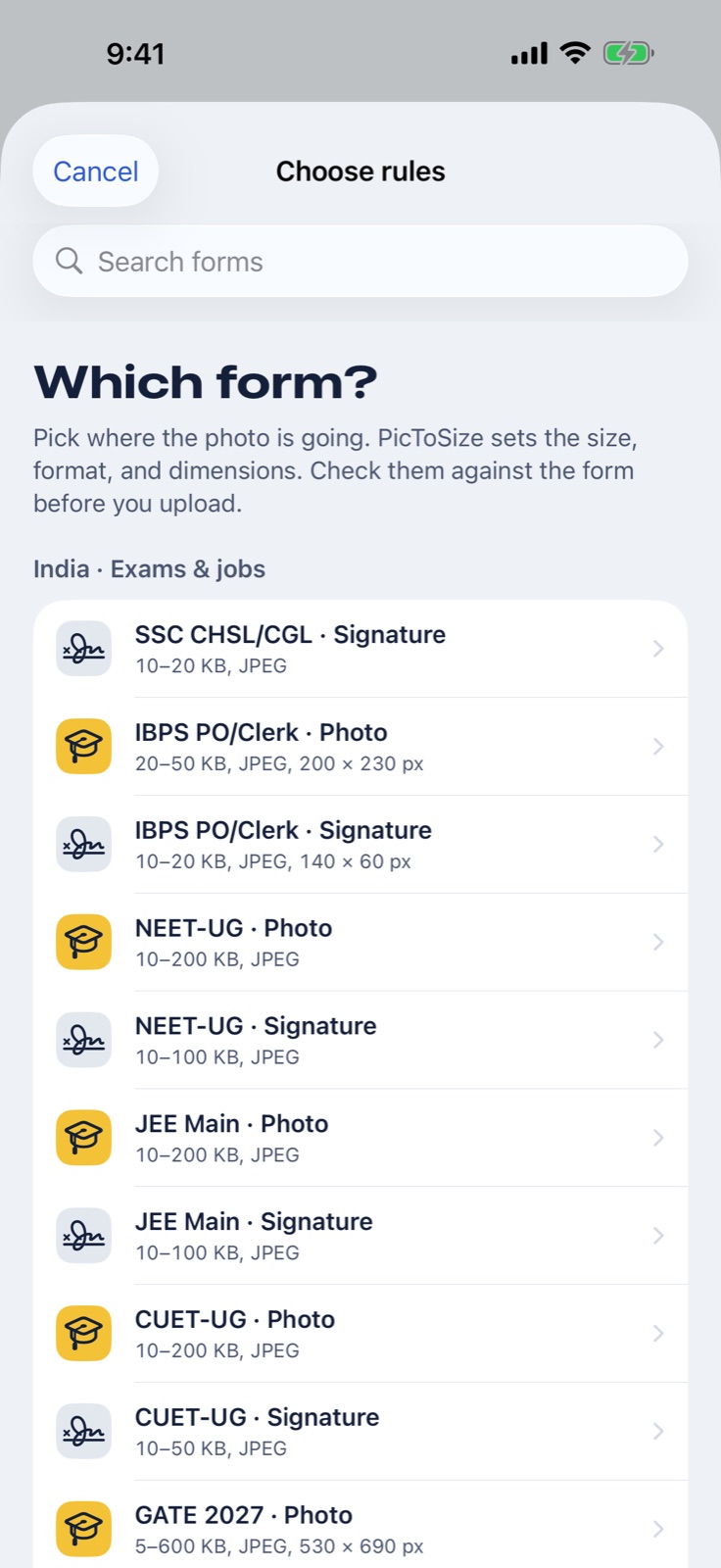 The Choose rules screen, listing forms such as IBPS PO/Clerk Signature at 10–20 KB, JPEG, 140 × 60 px.