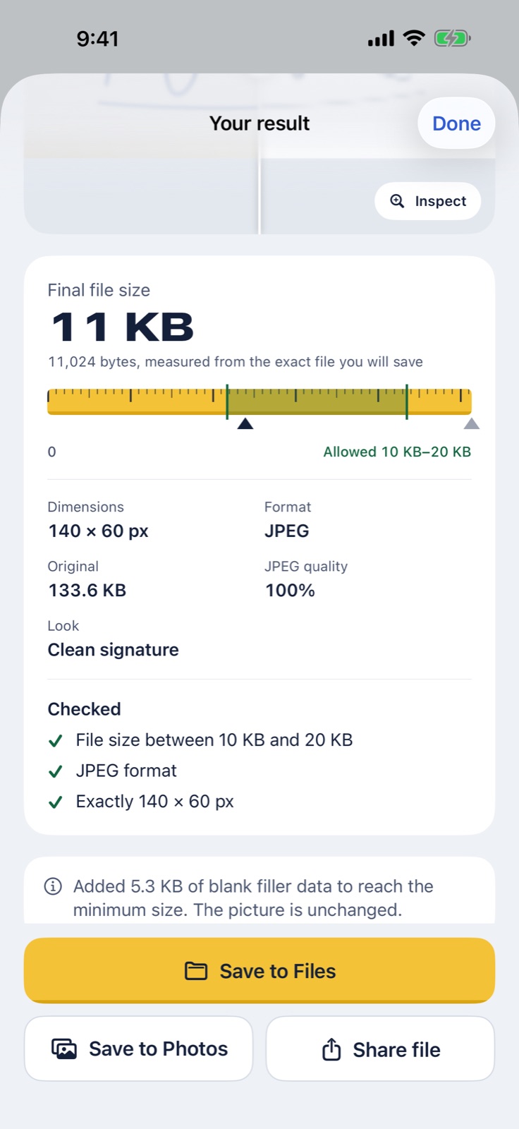 A signature result: It fits, 11 KB, with checks for file size, JPEG format, and 140 × 60 px.