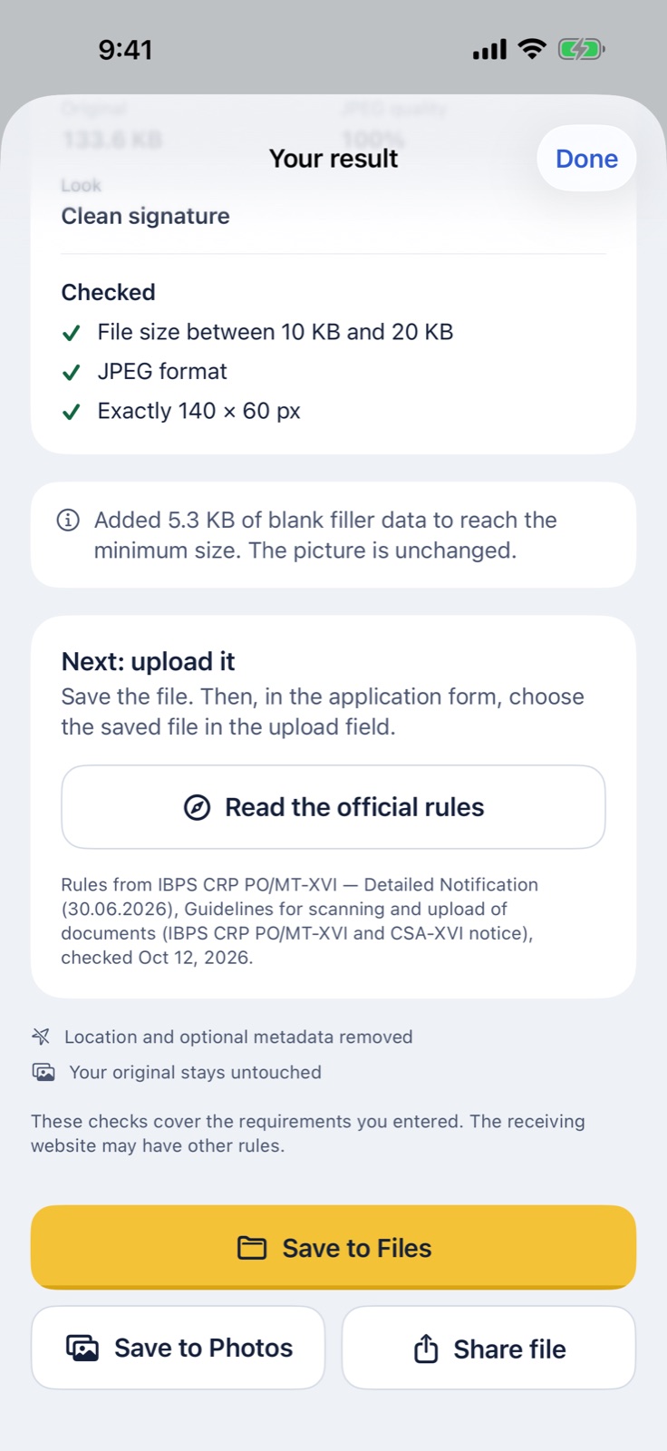The result screen with Save to Files, Save to Photos, and Share file buttons.